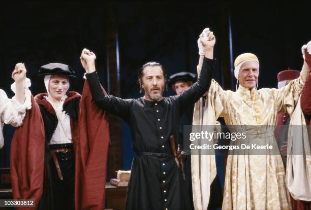 From left to right, Geraldine James, Dustin Hoffman and Basil Henson star in Peter Hall's stage production of Shakespeare's 'The Merchant of Venice',...