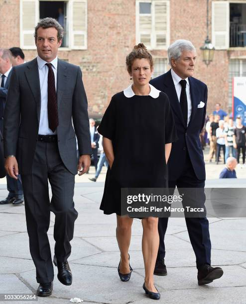 Giovanni Gaetani dell'Aquila d'Aragona, Ginevra Elkann and Alain Elkann arrive at the memorial service for Sergio Marchionne at Duomo on September...