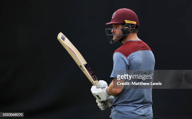 Corey Anderson of Somerset looks on during a Vitality Blast Final Media Day at Edgbaston on September 14, 2018 in Birmingham, England.