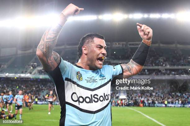 Andrew Fifita of the Sharks celebrates victory during the NRL Semi Final match between the Cronulla Sharks and the Penrith Panthers at Allianz...