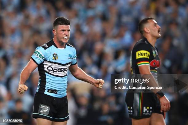 Chad Townsend of the Sharks celebrates winning the NRL Semi Final match between the Cronulla Sharks and the Penrith Panthers at Allianz Stadium on...