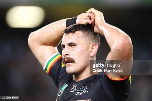 Reagan Campbell-Gillard of the Panthers looks dejected after defeat during the NRL Semi Final match between the Cronulla Sharks and the Penrith...