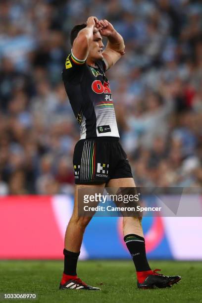 Nathan Cleary of the Panthers reacts after missing a field goal during the NRL Semi Final match between the Cronulla Sharks and the Penrith Panthers...