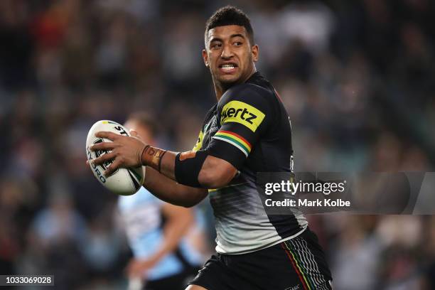 Viliame Kikau of the Panthers makes a break leading to a try scored by Waqa Blake of the Panthers during the NRL Semi Final match between the...