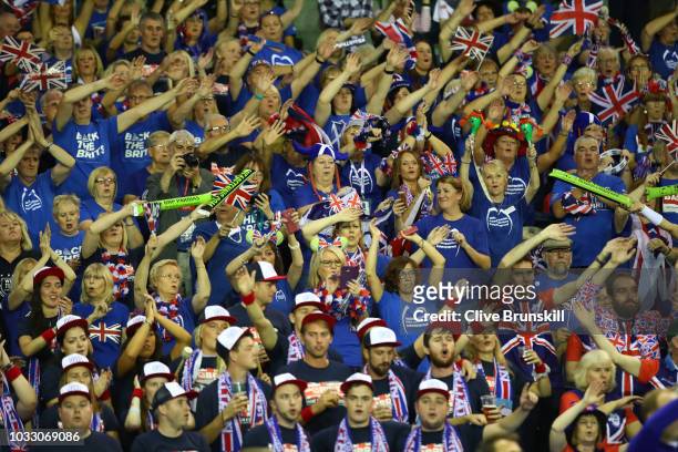 Fans enjoy the atmosphere during day one of the Davis Cup by BNP Paribas World Group single's play-off between Great Britain and Uzbekistan at...