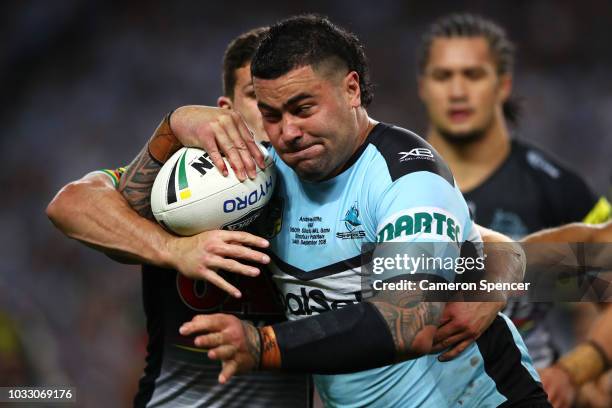 Andrew Fifita of the Sharks is tackled during the NRL Semi Final match between the Cronulla Sharks and the Penrith Panthers at Allianz Stadium on...