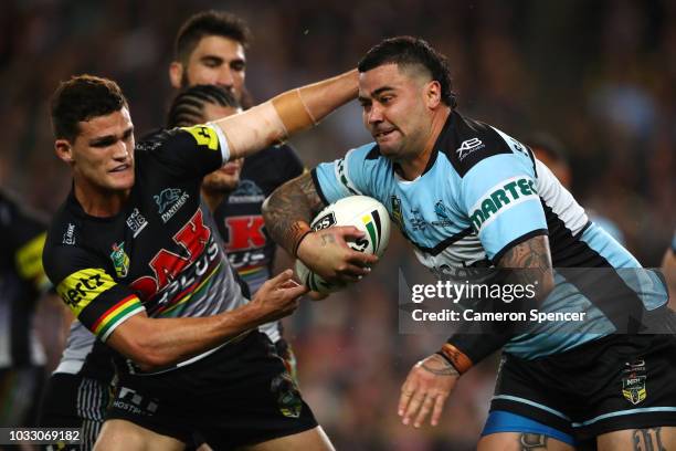 Andrew Fifita of the Sharks is tackled during the NRL Semi Final match between the Cronulla Sharks and the Penrith Panthers at Allianz Stadium on...