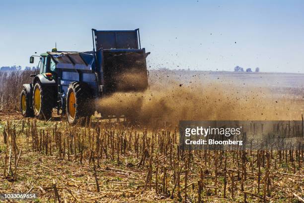 Truck rives through a harvested corn field on the Ehlerskroon farm, outside Delmas in the Mpumalanga province, South Africa on Thursday, Sept. 13,...