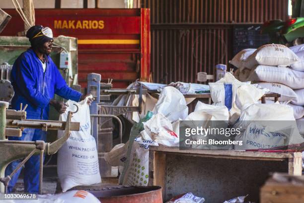 Worker bags up livestock feed into sacks ready for shipping on the Ehlerskroon farm, outside Delmas in the Mpumalanga province, South Africa on...