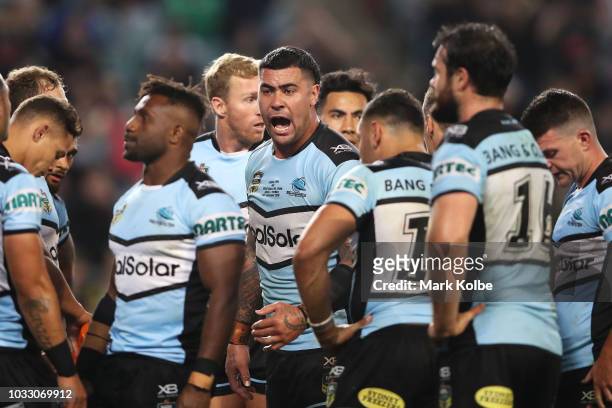 Andrew Fifita of the Sharks shouts instructions to his team mates after a Panthers try during the NRL Semi Final match between the Cronulla Sharks...