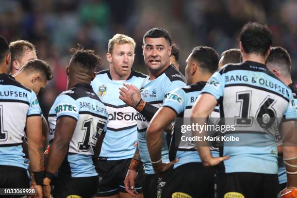 Andrew Fifita of the Sharks gives instructions to his team mates after a Panthers try during the NRL Semi Final match between the Cronulla Sharks and...