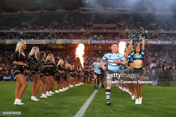 Paul Gallen of the Sharks runs onto the field during the NRL Semi Final match between the Cronulla Sharks and the Penrith Panthers at Allianz Stadium...