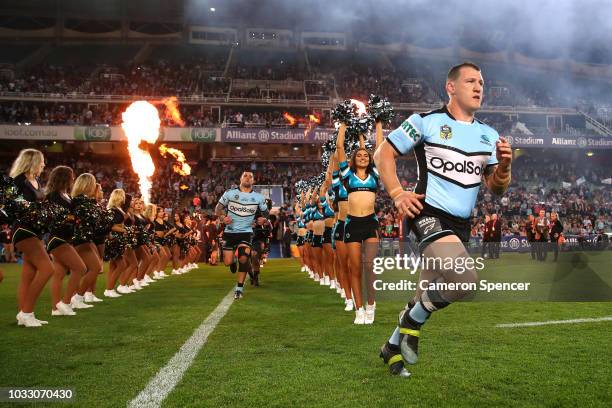 Paul Gallen of the Sharks runs onto the field during the NRL Semi Final match between the Cronulla Sharks and the Penrith Panthers at Allianz Stadium...