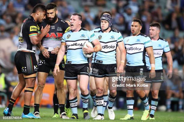 Paul Gallen of the Sharks shows his frustration during the NRL Semi Final match between the Cronulla Sharks and the Penrith Panthers at Allianz...