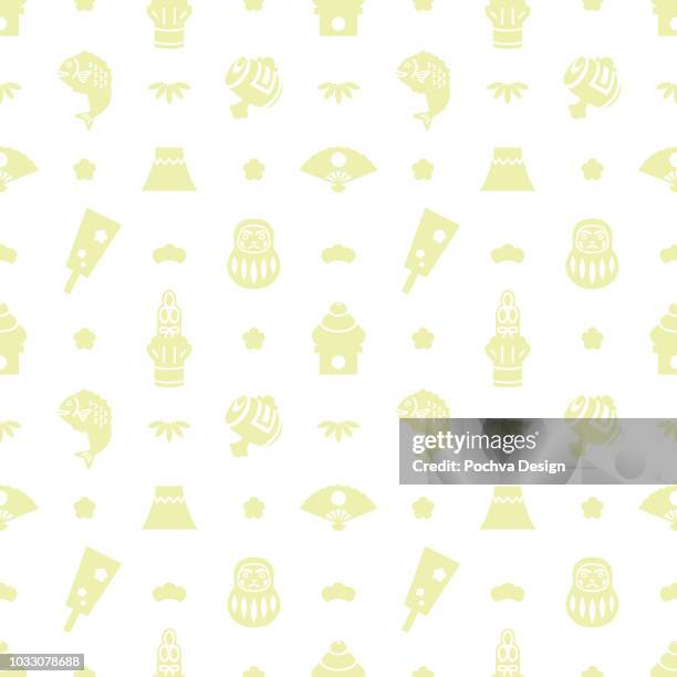 japanese new year themed silhouette icon seamless pattern - bamboo leaf on white stock illustrations