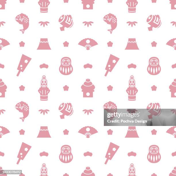 japanese new year themed silhouette icon seamless pattern - bamboo leaf on white stock illustrations