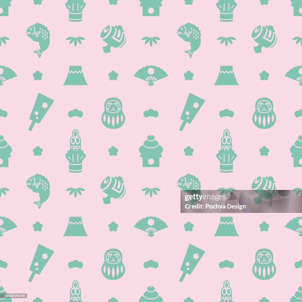 Japanese New Year themed silhouette icon seamless pattern
