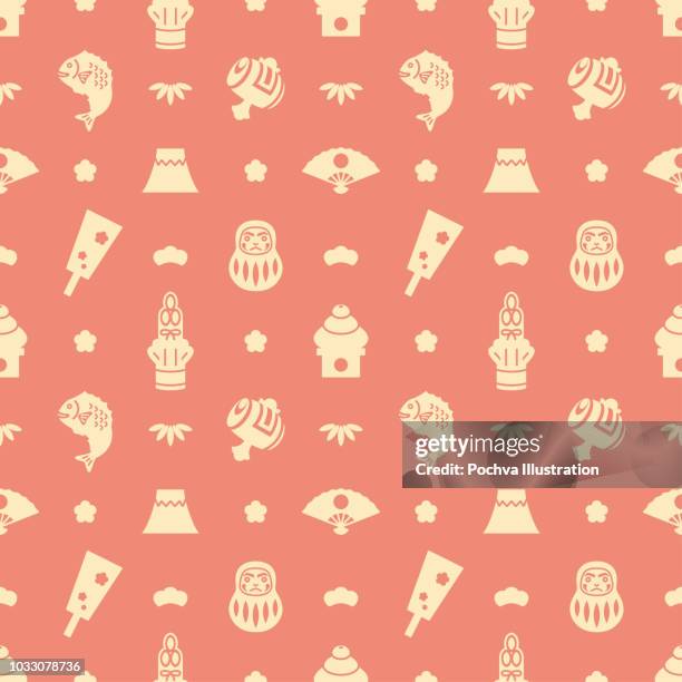 japanese new year themed silhouette icon seamless pattern - japan blossom stock illustrations