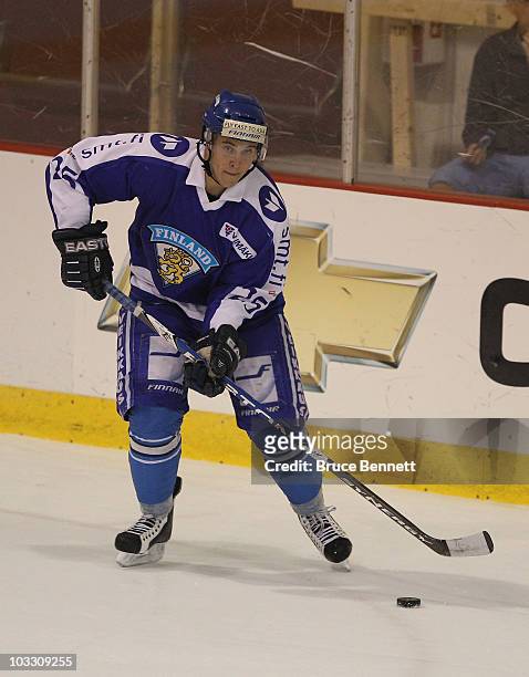 Jesse Virtanen of Team Finland skates against Team Sweden at the USA Hockey National Evaluation Camp on August 5, 2010 in Lake Placid, New York.