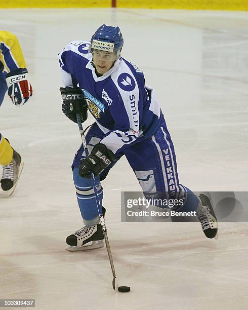 Jesse Virtanen of Team Finland skates against Team Sweden at the USA Hockey National Evaluation Camp on August 5, 2010 in Lake Placid, New York.