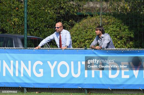 Tommaso Giulini and Andrea Conti look on during Fc Internazionale U19 V Cagliari U19 match at Stadio Breda on September 14, 2018 in Sesto San...