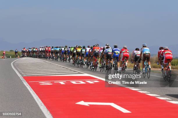 Simon Yates of Great Britain and Team Mitchelton-Scott Red Leader Jersey / Thomas De Gendt of Belgium and Team Lotto Soudal Polka Dot Mountain jersey...