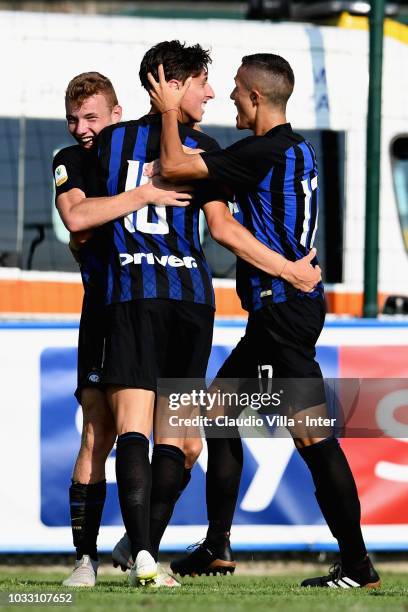 Samuel Mulattieri of FC Internazionale celebrates with teammates after scoring the opening goal during Fc Internazionale U19 V Cagliari U19 match at...