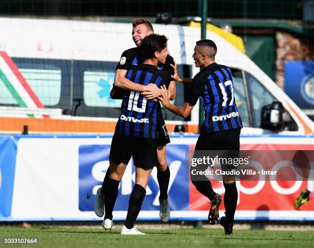 Samuel Mulattieri of FC Internazionale celebrates with teammates after scoring the opening goal during Fc Internazionale U19 V Cagliari U19 match at...