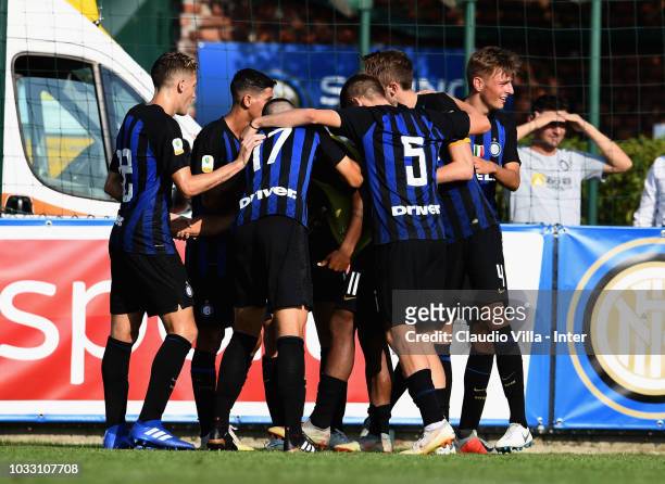 Samuel Mulattieri of FC Internazionale celebrates with teammates after scoring the opening goal during Fc Internazionale U19 V Cagliari U19 match at...