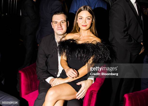 Cooper Hefner, chief creative officer of Playboy Enterprises Inc. And son of the late Hugh Hefner, and his fiancee, actress Scarlett Byrne sit for a...