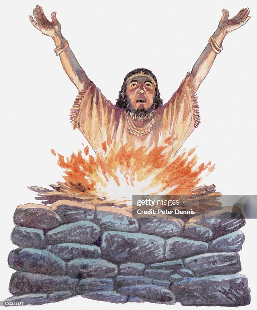 Illustration of King Ahaz with his arms raised to the sky, behind an altar with fire on top, worshipping the Baals, Book of Chronicles