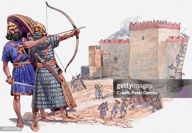illustration of assyrian army attacking jerusalem under king hezekiah, book of kings - siege stock illustrations
