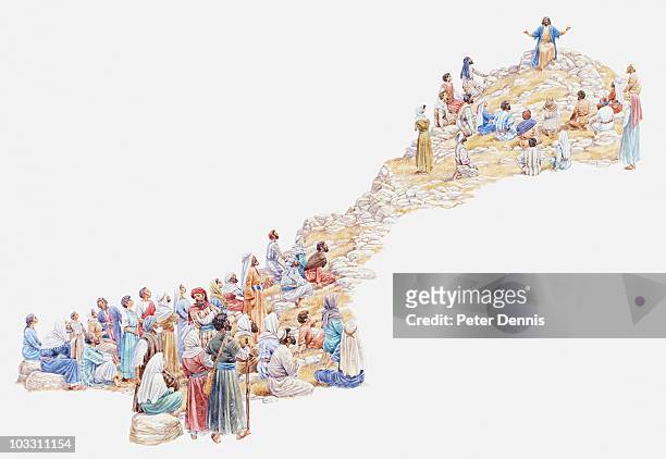 ilustraciones, imágenes clip art, dibujos animados e iconos de stock de illustration of jesus giving sermon on the mount to crowd of people, gospel of matthew - evangelista