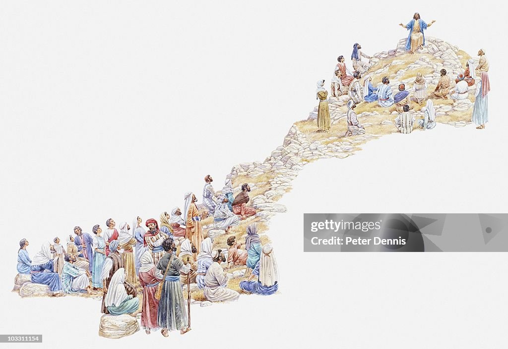 Illustration of Jesus giving sermon on the mount to crowd of people, Gospel of Matthew