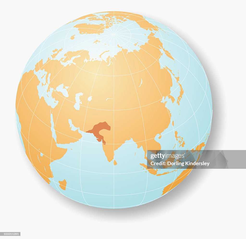 Illustration of globe with area populated by Indus Valley civilisation highlighted (Bronze Age)
