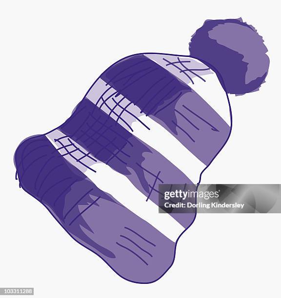 illustration of purple and white striped bobble hat - pudelmütze stock-grafiken, -clipart, -cartoons und -symbole