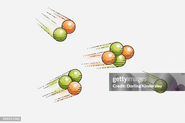 illustration of nucleus of hydrogen-2 and nucleus of hydrogen-3 fusing and forming nucleus of helium-4, expelling a neutron (nuclear fusion) - atom fusion stock illustrations