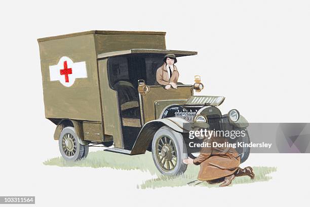 ilustraciones, imágenes clip art, dibujos animados e iconos de stock de illustration of 1st world war ambulance manned by two nurses, one checking or repairing a wheel - color wheel watercolor