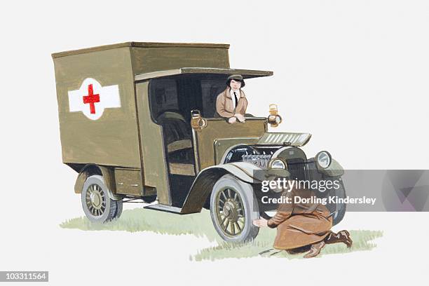 illustration of 1st world war ambulance manned by two nurses, one checking or repairing a wheel - world war ambulance stock illustrations