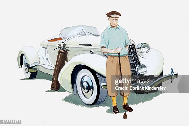 illustration of a man with golf kit standing in front of 1935 auburn car - 1930s era stock illustrations