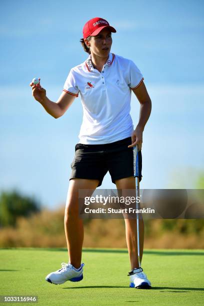 Carlota Ciganda of Spain celebrates after making a putt during day two of the Evian Championship at Evian Resort Golf Club on September 14, 2018 in...