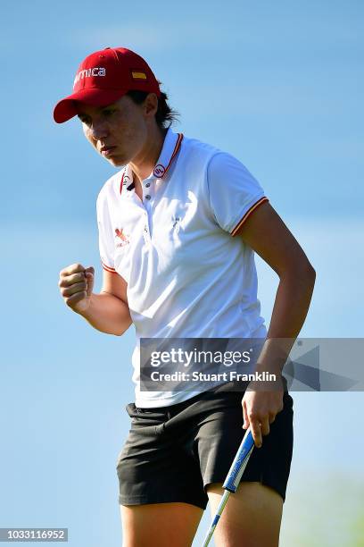 Carlota Ciganda of Spain celebrates after making a putt during day two of the Evian Championship at Evian Resort Golf Club on September 14, 2018 in...