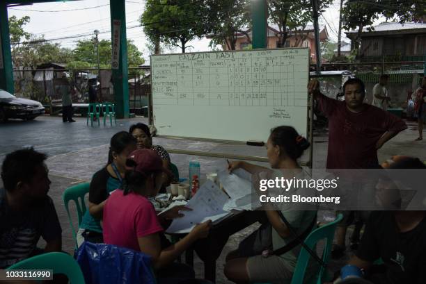 Local government workers call out the names of evacuees to distribute relief goods at the temporary evacuation center at Balzain East Multi Purpose...