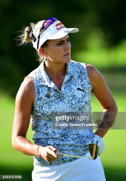 Lexi Thompson of The United States looks on during day two of the Evian Championship at Evian Resort Golf Club on September 14, 2018 in...