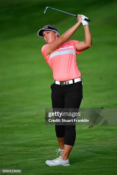 Brooke M. Henderson of Canada plays a shot during day two of the Evian Championship at Evian Resort Golf Club on September 14, 2018 in...