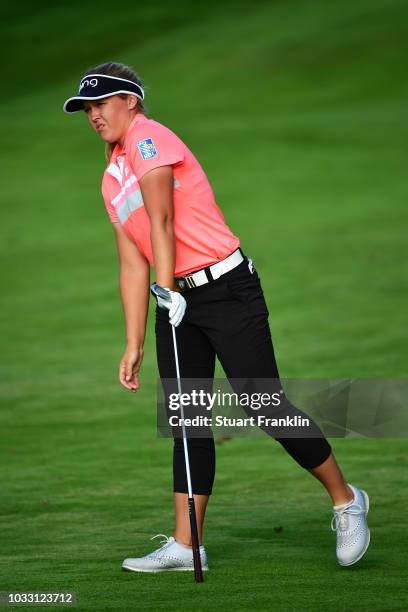 Brooke M. Henderson of Canada reacts during day two of the Evian Championship at Evian Resort Golf Club on September 14, 2018 in Evian-les-Bains,...