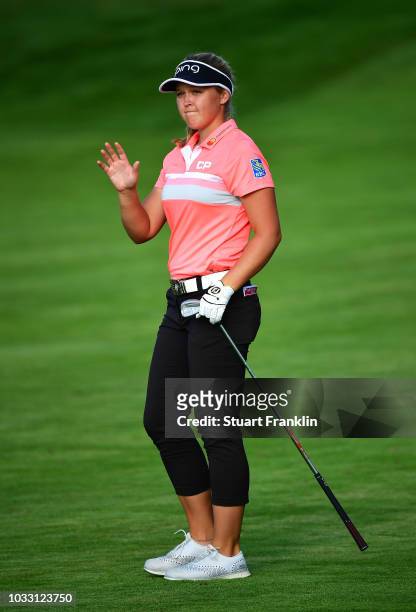 Brooke M. Henderson of Canada acknowledges the crowd during day two of the Evian Championship at Evian Resort Golf Club on September 14, 2018 in...