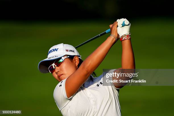 Nasa Hataoka of Japan plays a shot during day two of the Evian Championship at Evian Resort Golf Club on September 14, 2018 in Evian-les-Bains,...