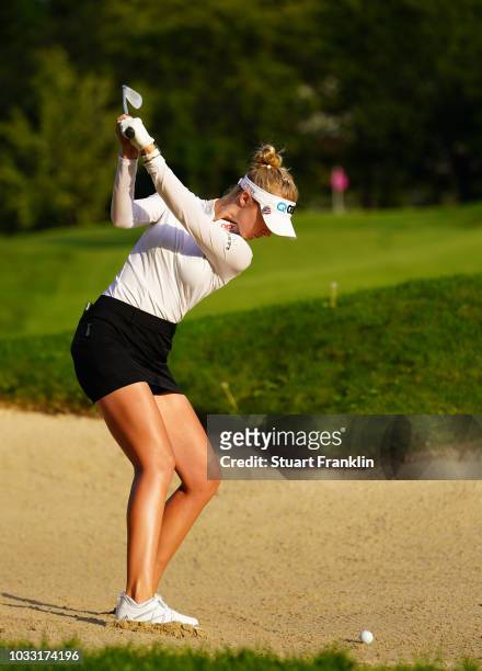 Nelly Korda of USA plays a shot during the second round of The Evian Championship at Evian Resort Golf Club on September 14, 2018 in Evian-les-Bains,...