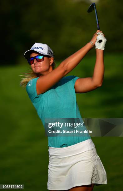 Anna Nordqvist of Sweden plays a shot during the second round of The Evian Championship at Evian Resort Golf Club on September 14, 2018 in...